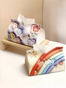 1pc Luxury Rose Oil Painting Tissue Box, Creative Desktop/Car Tissue Paper Holder For Living Room - Multicolor - View 1