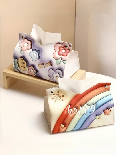 1pc Luxury Rose Oil Painting Tissue Box, Creative Desktop/Car Tissue Paper Holder For Living Room
