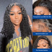 14inch Kinky Curly 13x4 HD Ear To Ear Lace Front Wig 180% Density Short Bob Curly Hair High-Temperature Fiber Mixed Human Blended Hair Wig For Women Pre Plucked Baby Hair Around 8inch-34inch - Natural & Black - View 6