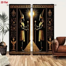 2件套窗帘，2D平面古埃及神祇法老华丽风格化场景，金色黑色中心人物面向太阳，金字塔图案，卧室客厅装饰窗帘。 - 暗金 - 查看 4