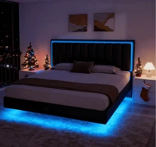 Floating Bed Frame With LED Light, Upholstered Platform Bed With PU Leather, Noise-Free, Easy Assembly, Full/ Queen/ King, Black/ White ( USB LED Strip) - 黑色 - 查看 2