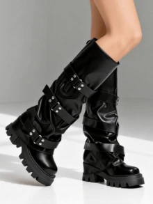 Punk Women's Combat Boots Knee High Round Toe Straps Pull On Wide Calf Pleated Loose Thick Sole Motorcycle Boots Outdoors Cosplay Dressy Slouchy Long Boots - 黑色 - 查看 2