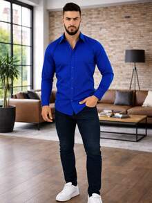 Men's Dress Shirt Long Sleeve Slim Fit Premium Luxury Tricoline Color Block Spring/Fall Regular Fit Buttons Front Button - Xanh đậm - Xem 4