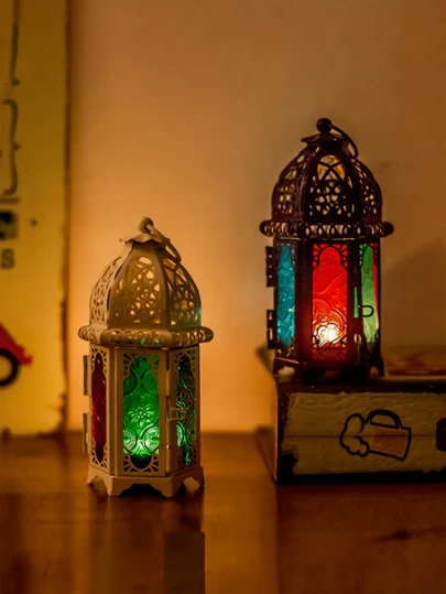 Moroccan Style Candle Holder Lamp, Small Tea Light Candle Holder With Transparent Glass Panel, Suitable For Patio, Indoor/Outdoor Use, Events, Ramadan, Parties And Weddings