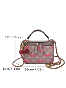 1pc BEIKAMU Small Design Handbag Box Type Bag, Fashionable Lipstick & Coin Purse, Elegant Chain Shoulder Crossbody Bag (Comes With Cherry Pendant) - Brown - View 2