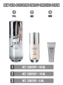 迪奥 (Christian Dior) Capture OX-C 赋活精华液，50ml 正装/10ml 中装/5ml 迷你装，面部及颈部精华，抗衰老，抚平皱纹，紧致肌肤，全新赋活能量精华，乳液质地，适合所有肤质，减少皱纹，抗衰老，保湿紧致，长效补水，提亮肤色，舒缓保湿，适合学生、上班族、日常通勤、居家旅行使用，是馈赠亲友的理想之选。 - 小a瓶精華肌活蘊能精華液 - 查看 4