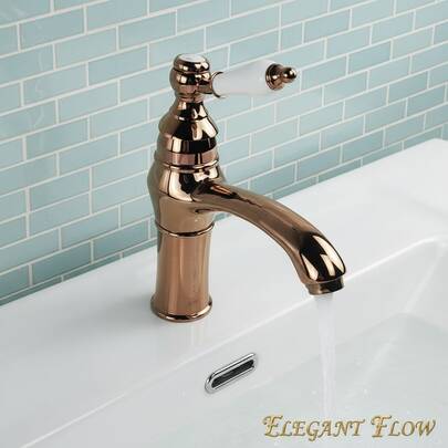 Grifo de lavabo moderno y elegante en color oro rosa, grifo de un solo orificio con manija de cerámica que muestra una calidad lujosa, adecuado para baños modernos, fácil instalación, grifo de lavabo en oro rosa, grifo de agua caliente y fría con manija de cerámica, grifo de un solo orificio, herrajes de baño de alta gama, interfaz de rosca universal G1/2, incluye 2 mangueras de suministro de agua de 50 cm y 2 adaptadores G3/8