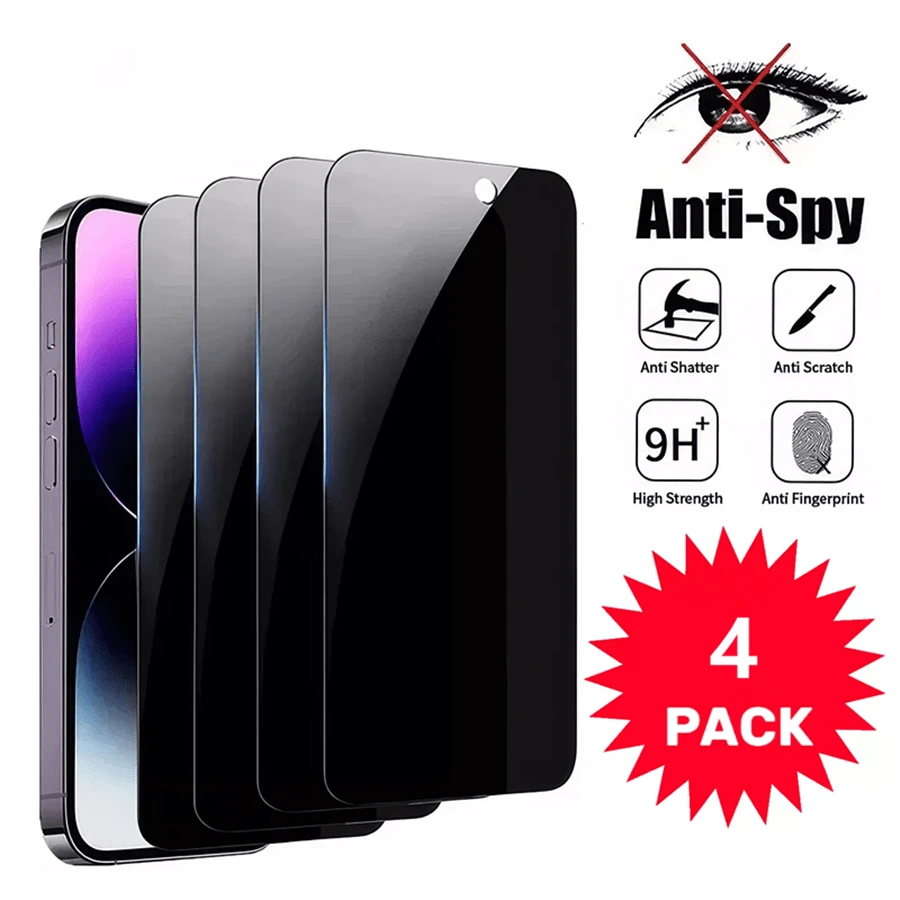 4 Packs Privacy Screen Protector Compatible With Iphone 17/17pro/17 Pro Max/16/16pro/16pro Max/16 Plus/6/7/8/11/12/13/14/15 /Pro Max, XS, XR, Xs Max - Glossy Tempered Glass, Anti-Spy Shatterproof Shield, Enhanced Screen Protection - Black - View 1
