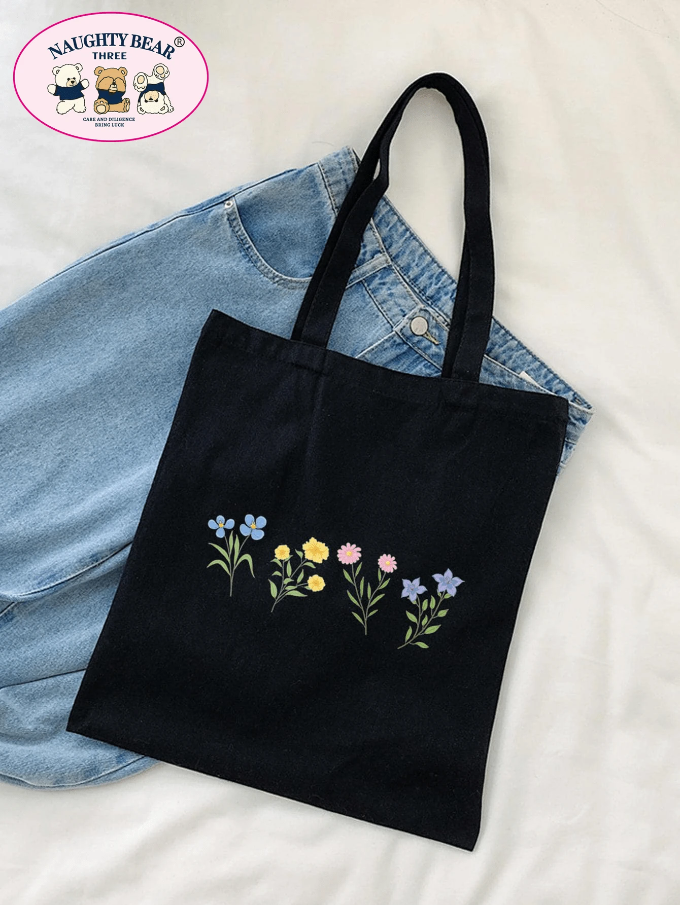 花卉图案购物袋双手柄 PreppySchool 包，返校背包，经典休闲，轻便，便携，适合少女、女大学生，非常适合返校、大学、初中、高中、开学第一天