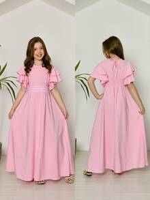 Evangelical Long Dress For Girls And Teenagers With Trio Detail At The Waist And Layered Sleeves | Long, Flared Dress With Elastic At The Back | Sizes 10 To 16 | Colors: Baby Blue, Green, Pink, Lavender, And Navy Blue | Elegant And Comfortable Outfit For Birthdays, Parties, Christmas, Graduations, And Special Events | Classic Teen Dress With A Loose Fit | Delicate Model With Wide Sleeves And Refined Finish | Long Dress For Pre-Teen And Teenage Girls | Children's Clothing For Special Occasions And Dressy Casual Wear | Ideal Gift For Girls | Flared Dress With Lightweight Fabric And Soft Touch | Charming, Discreet, And Comfortable Look For Various Occasions - Rosa - 查看 5