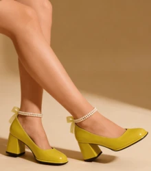 Women's High Heels, Round Toe, Chunky Heel, Single-Strap Buckle, Bow At The Back, Solid Color Design, Simple Style, Elegant And Unique, Suitable For Attending Parties And Banquets, Daily Commuting, And Pairing With Skirts. - màu xanh lá - Xem 2