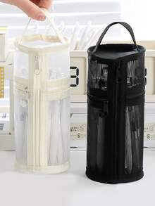 大容量透明铅笔盒，拉链圆筒笔筒，简约文具收纳，适用于学校和办公室 - 彩色 - 查看 3