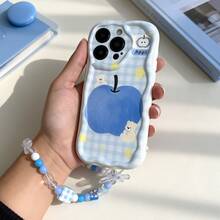 1pc Fashionable Plaid Apple Pattern + Blue Butterfly Square Bracelet Transparent Wavy Cream Phone Protective Case, Compatible With IPhone 17 17 Pro 17 Pro Max 17 Air 16 15 14 13 12 11 / S25 24 23 22 Ultra A52 A53 A54 A55 A56 07 A17 / OPPO / REDMI Phone Models, Anti-Fingerprint, Shock-Proof, Anti-Drop Phone Case.