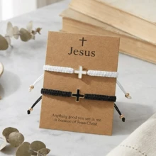 2PCS/Set Leisure Simple Copper Bead Bracelet, Cross Bracelet, Black And White Lucky Bracelet, Black And White Adjustable Bracelet, Stackable Bracelet, Couple Bracelet, Cross Easter Card, Friend Gift, Birthday Gift, Sisters Bracelet, Family Gift, Valentine's Day Gift, New Mother Gift, Christian Gift, Baptism Gift, Anniversary Gift - Multicolor - View 2