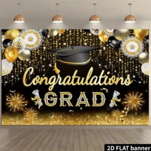 2D Flat Graduation Party Background Cloth, Black And Gold, Text Congrats GRAD, Bachelor's Cap, Champagne, Balloon, Fireworks, Sequins, Party Decoration, Photo Background, Polyester Fiber, No Power Required - Multicolor 3 - View 2