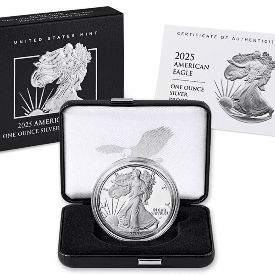 American Eagle 2025 One-Ounce Proof Silver Coin, Suitable For Collecting And Holiday Gifting. It Has A High Precious Metal Content And Can Be Used For Precious Metal Investment. It Commemorates A Specific Year/Theme And Is Often Given As A Gift. The Silver Eagle Contains 1 Ounce Of Approximately 99.9% Pure Silver.