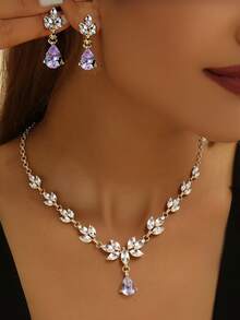 3pcs Elegant Minimalist Crystal Inlaid Necklace, Earrings & Jewelry Set, Cubic Zirconia Rhinestone Bridal Wedding Accessories, Valentine's Day Gift For Women