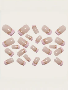 24片中长方形美甲贴套装，优雅简约风格，裸色亮面法式设计，金色线条细节，全覆盖可重复使用，易于贴合，适合女性DIY美甲、日常佩戴及派对场合。 - 彩色 - 查看 2