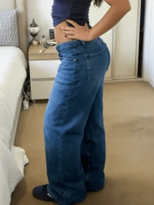 MYOURSA Quần jeans nữ ống rộng cạp thấp, kiểu dáng vintage bạc màu, phong cách đường phố Y2K, thường ngày, phù hợp cho mùa xuân. - Rửa tối - Xem 4