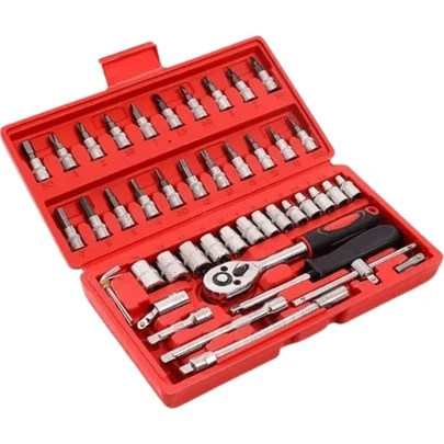 Kit Chave Ferramentas 46 Peças Catraca Soquetes Fenda 1/4 Aço CRV Profissional