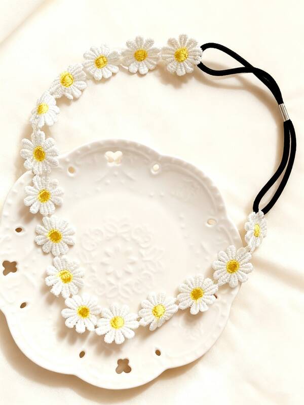 Diadema bordada con margaritas dulce y enérgica, vincha elástica y suave, diadema de encaje con margaritas frescas, accesorios para el cabello elásticos de verano para niñas, diadema de fiesta, pañuelo para la cabeza de boda