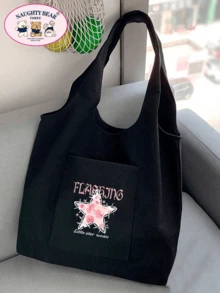女士简约帆布手提包，敞口帆布单肩包，手提包，简约书包，适合中小学生和大学生，可作文件袋、收纳袋、旅行包 - 黑色 - 查看 4
