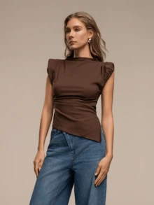 HZXVIC Áo kiểu nữ màu trơn mới, dáng bất đối xứng/xếp bèo nhún, thanh lịch. - màu nâu - Xem 6