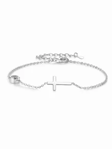 Adjustable S925 Silver Cross & Rhinestone Bracelet, Shiny French Luxury, Gift For Valentine's Day, Birthday, Mother's Day, Comes With Gift Box