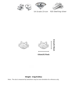 S925 Silver Cat Zirconia Stud Earrings, Hypoallergenic For Pierced Ears, Suitable For Girlfriend, Best Friend, Daily Wear, Party, Comes With Gift Box