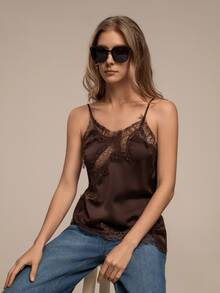 HZXVIC 女士新款纯色欧美风蕾丝边不对称度假上衣，性感纯净风夏季上衣 - 咖啡棕 - 查看 7