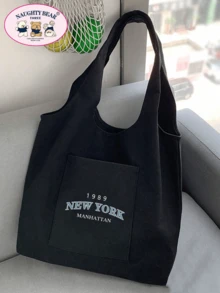 1 件黑色时尚 1989newyork 字母印花帆布手提包，配有简约肩带，适合女士、便携式购物袋、适合读书周的学院风书包 - 黑色 - 查看 3