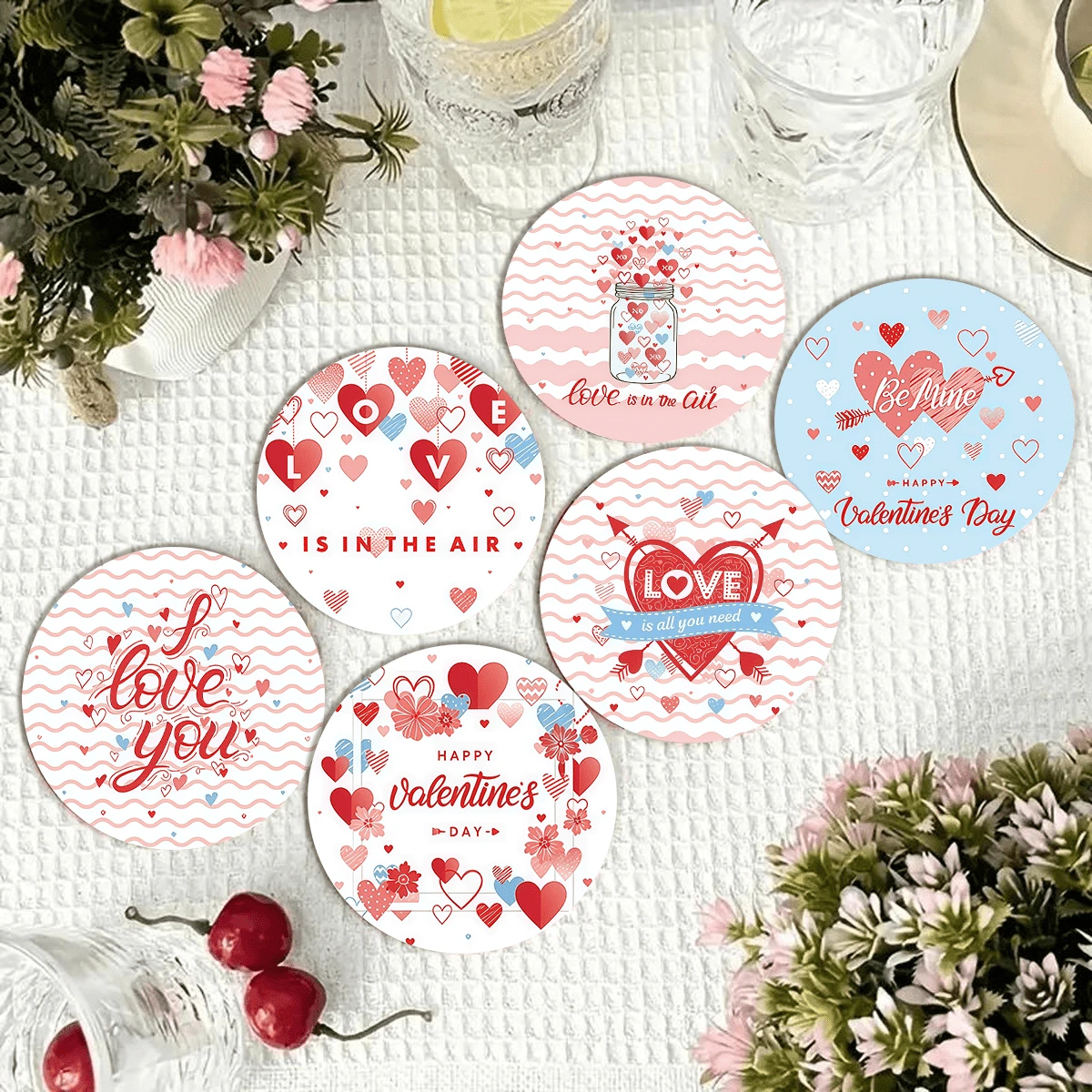 A Set Of Valentine's Day Themed Coasters With Heart, Arrow, And Glass Bottle Decorations - The Classic Valentine's Elements. Accompanied By Romantic Text Like "LOVE", "I Love You", And "HAPPY Valentine's Day", In A Sweet And Hand-Drawn Cartoon Style With A Pink And Blue Color Scheme To Convey The Loving Atmosphere Of Valentine's Day. - Wooden Board-circle Coaster - View 1