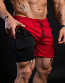 Kit Of 3 2-In-1 RUN Double Shorts For Men's Gym, Running, And Training With Elastane - Helanca Fabric - 珊瑚橙 - 查看 5