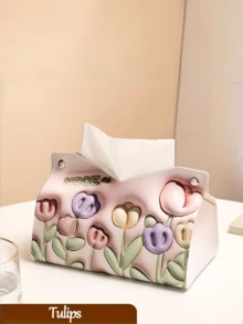 1pc Luxury Rose Oil Painting Tissue Box, Creative Desktop/Car Tissue Paper Holder For Living Room - Multicolor - View 11