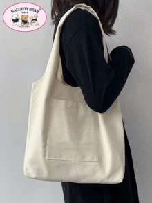 女士简约帆布手提包，开顶帆布单肩包，手提包，适合小学生、初中生、高中生和大学生的简易手提包，文件夹和旅行包 - 米色 - 查看 4