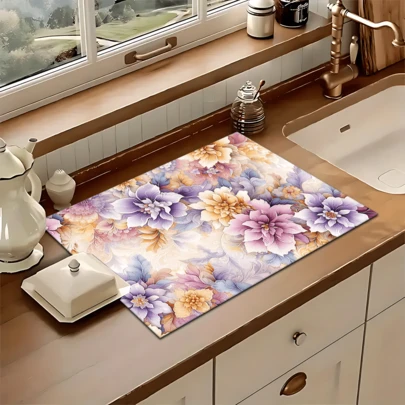 1 قطعة سجادة تجفيف الأطباق ماصة ذات نمط زهري، ديكور منزلي، وسادة تجفيف الأطباق، سجادة ماصة لأسطح ماكينة القهوة، سجادة ماصة لبالوعة المطبخ، سجادة ماصة ناعمة لحوض المطبخ والحمام