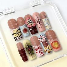NailVease 10 PCS Handmade Press-On Nails | Beige-Pink Collage Sweet & Cool Long Nails With Acrylic Beige & Pink Bases, 3D Flower & Zebra Element & Gem Embellishments & Playful Retro Designs - 粉色 - 查看 2