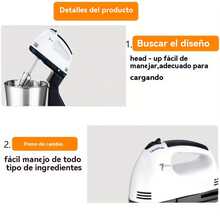 Un combo de batidora de pie y batidora de mano de 7 velocidades, con un bol de acero inoxidable de 2L, una batidora eléctrica y manual con dos batidores y dos ganchos para masa, y una batidora eléctrica silenciosa. - Tipo de Enchufe B USA (110-127V) - Ver 7