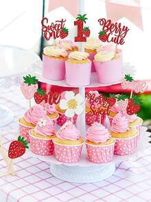 10pcs Strawberry Cake Decorations, Children's Party Supplies Glitter Paper Cupcake Toppers Suitable For Desserts - Multicolor - View 2