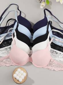 5pcs Elegant Solid Color Lace Patchwork Push-Up Bra - Multicolor - View 2