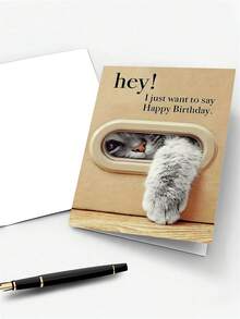1pc Happy Birthday Greeting Card With Unique Cat Design, Suitable For Any Recipient, Paper Card With Envelope, Fits Ages 0-100 - Sets - View 3