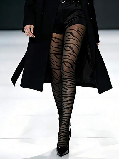 1 Pair Plus Size Women's Elegant Zebra Print Sheer Tights, Black, High Elasticity, Suitable For All Seasons. Plus Size Transparent Pantyhose, Suitable For Commuting, Casual, Party And Other Occasions. Young, Vibrant, Sexy, And Fashionable Pantyhose.
