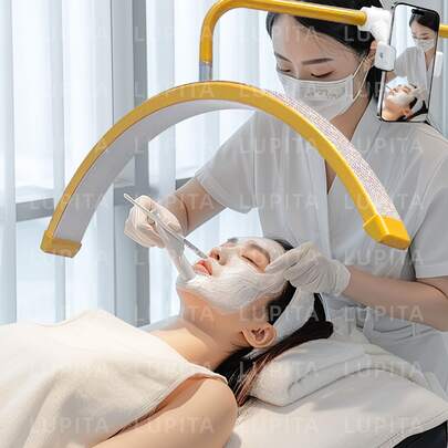 LUPITA Lámpara de pie LED en forma de media luna, lámpara de iluminación para belleza de pestañas, cejas y cuidado de piel, con intensidad de luz y temperatura de color ajustables, soporte metálico