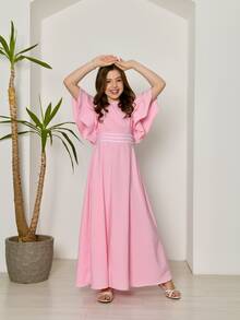 Evangelical Long Dress For Girls And Teenagers With Trio Detail At The Waist And Layered Sleeves | Long, Flared Dress With Elastic At The Back | Sizes 10 To 16 | Colors: Baby Blue, Green, Pink, Lavender, And Navy Blue | Elegant And Comfortable Outfit For Birthdays, Parties, Christmas, Graduations, And Special Events | Classic Teen Dress With A Loose Fit | Delicate Model With Wide Sleeves And Refined Finish | Long Dress For Pre-Teen And Teenage Girls | Children's Clothing For Special Occasions And Dressy Casual Wear | Ideal Gift For Girls | Flared Dress With Lightweight Fabric And Soft Touch | Charming, Discreet, And Comfortable Look For Various Occasions - Rosa - 查看 2