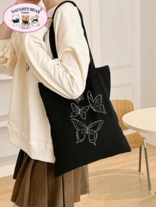 时尚简约蝴蝶和线条图案印花帆布手提包书包，大容量，便携，可折叠，经典休闲，适合少女女大学生，非常适合返校、大学、初中、高中，蝴蝶包 - 黑色 - 查看 2