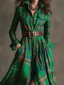 Vestido largo de moda de otoño/invierno para mujer con diseño de cuadros multicolor retro, diseño de falda oversize, vestido camisa con botones y solapa elegante, opción perfecta para fiestas y eventos (cinturón no incluido) - Verde - Ver 3