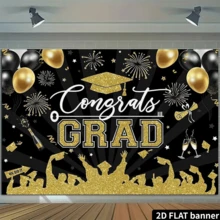 2D Flat Graduation Party Backdrop, Black, Gold Wreath, Gold Graduation Cap, Balloons, Glitter, Party Decor, Photo Background - Multicolor - View 5
