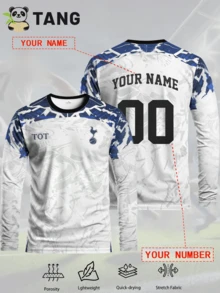 Customized Men's Football Long Sleeve Top, Personalized With Name & Number, Comfortable Round Neck Long Sleeve Sports Sweatshirt For Football Training, Casual Wear, And Gift - Blue and White - View 2