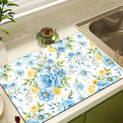 1pc Floral Pattern Absorbent Dish Drying Mat, Dish Drying Pad, Espresso Machine Countertop Absorbent Mat, Sink Drain Mat, Soft Faucet Absorbent Mat, Sink Cup Mat, Home Decor, Kitchen Supplies, Bathroom Accessories