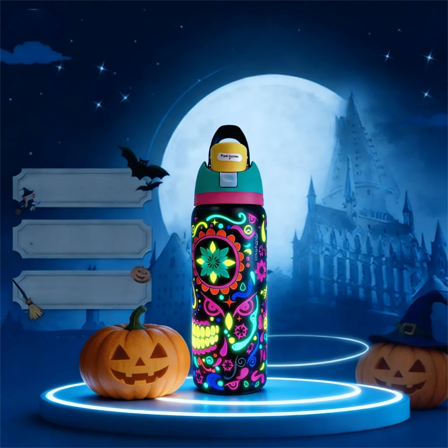 32 Oz Water Bottle Cup Boneyard Vacuum Water Bottle Drinkware Tumbler Stainless Steel Thermal Mug Original Cold Hot Cup OwalaFreeSip - 糖骷髏黑色 - 查看 1